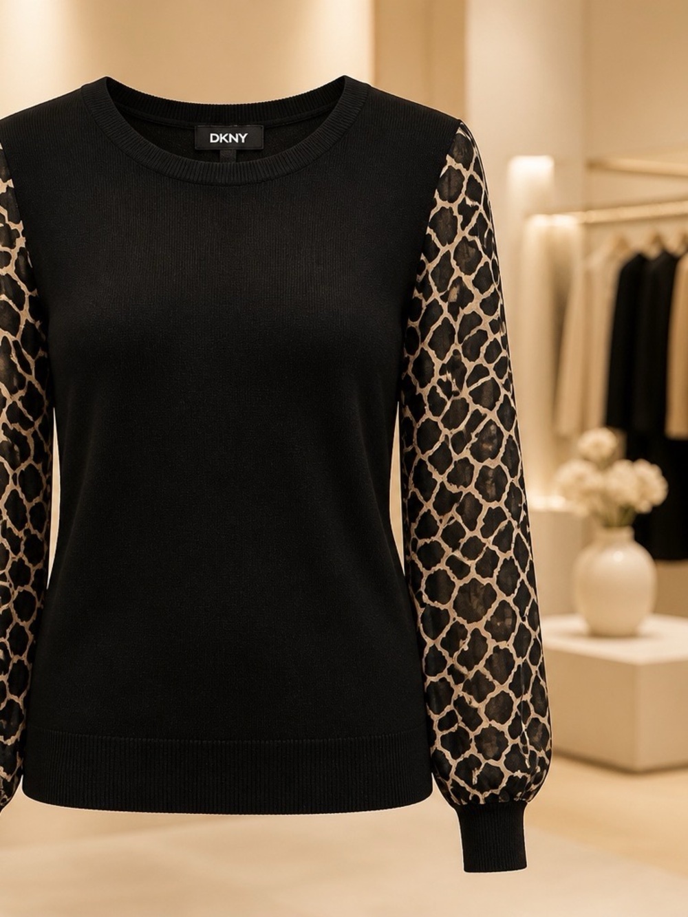 DKNY Women's Printed Sleeve Knit Sweater Womens size small Designer Animal print